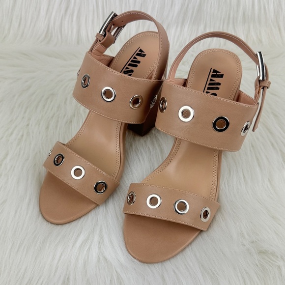 Women's AMS Sarah Silver Grommet Accent Slingback Block Heel Sandals Nude - Picture 3 of 8